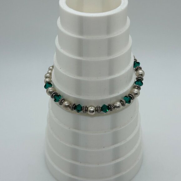 Artisan Sterling Silver Bracelet Green Crystal Bead Toggle Clasp 6.5" 10 grams - Picture 13 of 15